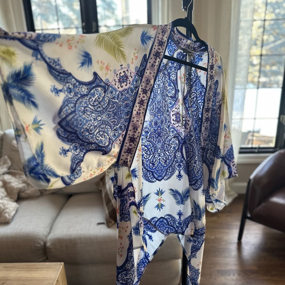 Satin feel white & blue wrap/ bathing suit cover up